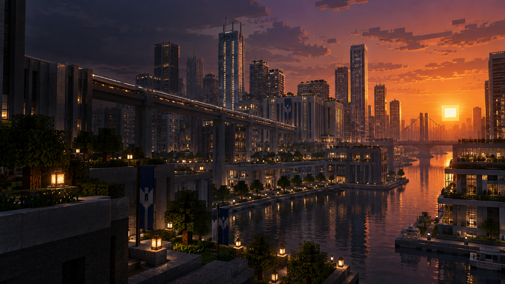 A modern Minecraft-style city at sunset